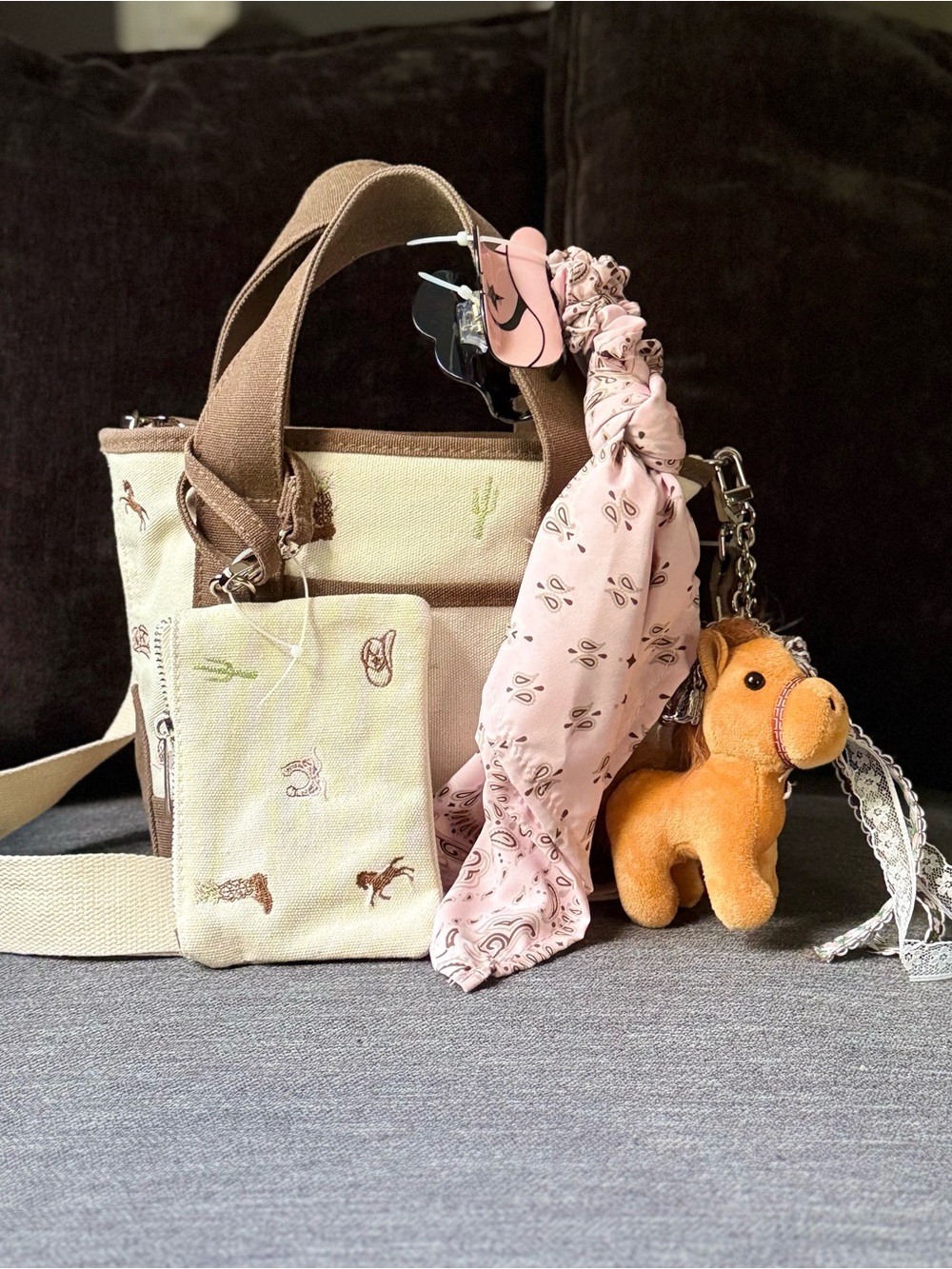 NWT Madden Girl Viral Mini Brown & Biege Canvas Tote Pink Scarf Plush Charm